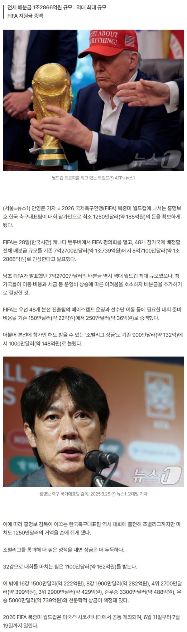 '월드컵 출전' 홍명보호, 최소 185억 받는다…우승하면 739억