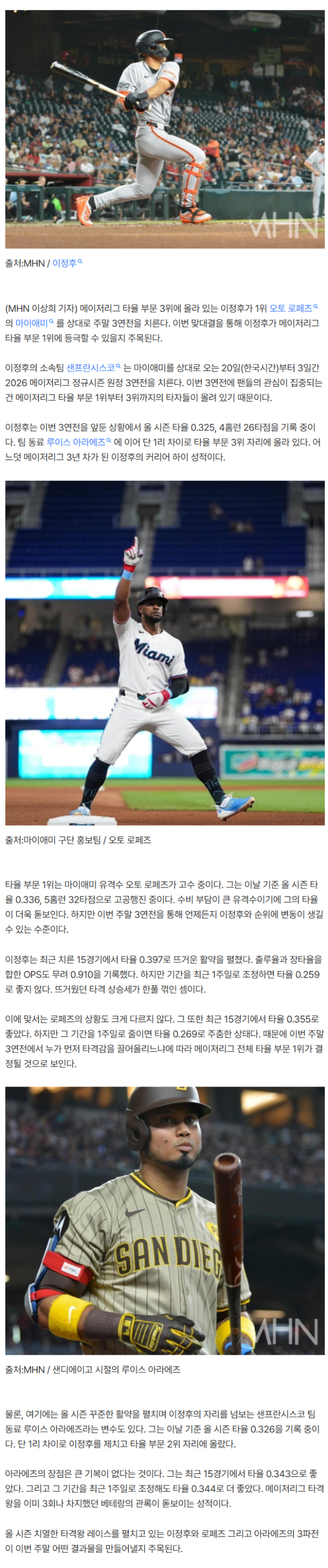 ML ‘타율 3위’ 이정후, 1위 로페즈 잡는다…이번 ’주말 3연전’서 순위 뒤집는다