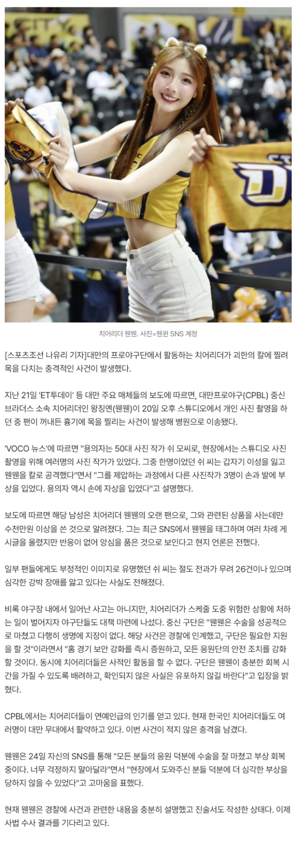 '충격적 사건' 앙심 품은 팬이 흉기 들고 치어리더 공격했다 "수천만원을 썼는데"