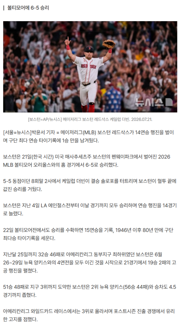 패배 잊은 보스턴, 14연승 질주…구단 최다연승 타이에 1승 남겨