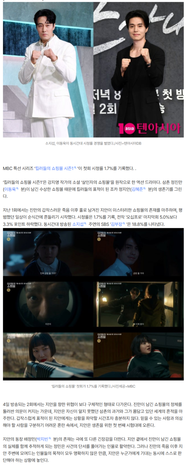 첫회부터 1%대 시청률 찍었다…소지섭에 밀린 이동욱, 11배 격차로 부진 ('킬러들의쇼핑몰')[종합]